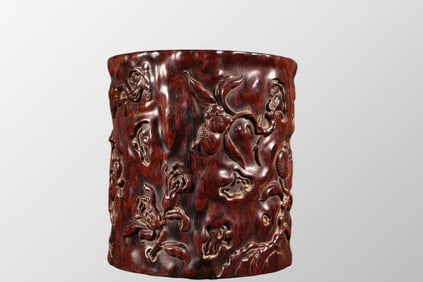 Antique Chinese Huanghuali Wood Low Relief Pomegranate & Chayote,Ruyi Design Brush Pot