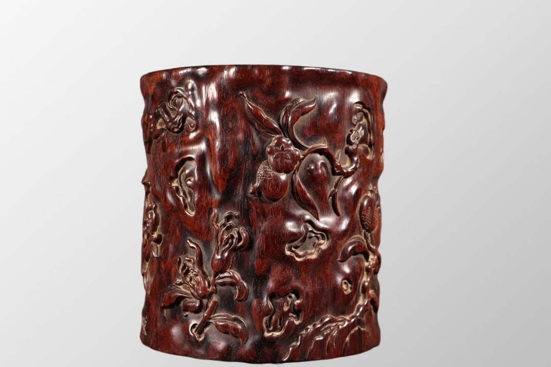 Antique Chinese Huanghuali Wood Low Relief Pomegranate & Chayote,Ruyi Design Brush Pot