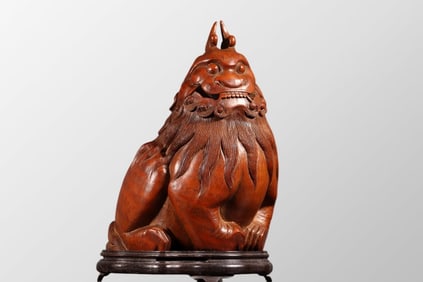 Antique Chinese Bamboo Carved Divine Beast Incense Burner w Zitan Wood Base