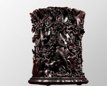 Antique Chinese Chenxiang Wood High Relief Plum Flower & Magpie Brush Pot