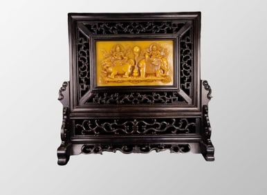 Superb Old Chinese Zitan Wood Inlay Shoushan Stone Tianhuang Stone Low Relief Screen