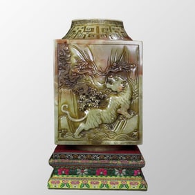 Superb Old Chinese Shoushan Stone Low Relief Four Divine Beast Brush Pot Statue