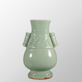 Chinese Longquan Kiln Blue Glaze Double Ears Porcelain Vase w Box