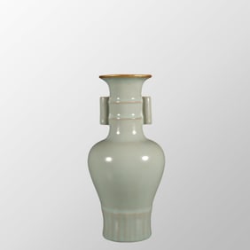 Chinese Gilt Edge Ru Kiln Blue Glaze Double Ears Porcelain Vase w Box