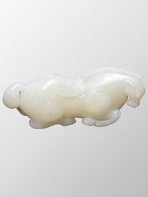 Superb Chinese Qing Dynasty White Hetian Jade Carved Fortune Horse Statue