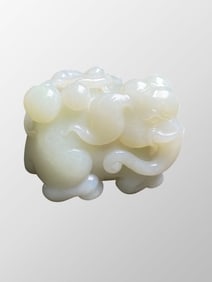 Superb Chinese Qing Dynasty White Hetian Jade Carved Elephant & Monkey Statue