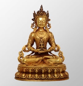 Vintage Tibetan Buddhism Gilt Gold Bronze Amitayus Statue