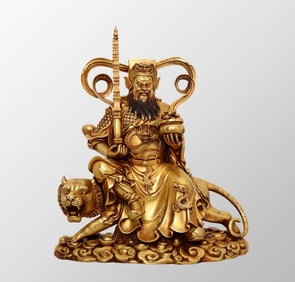 Vintage Gilt Gold Bronze Fortune Taoism Deity Zhao Gong Ming Statue