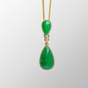 Exquisite 18K Gold Inlay Green Jadeite & Diamond Pendant