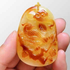 Beautiful Natural Beeswax Carved Plum Flower & Magpie Pendant