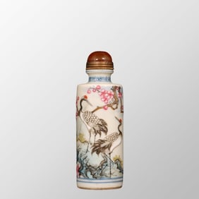 Old Chinese Famille Rose Plum Flower & Crane Design Porcelain Snuff Bottle w Red Agate Stopper