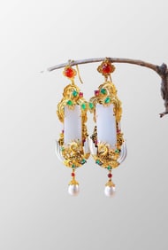 Exquisite Chinese Gold Wires Enamel Phoenix Inlay White Hetian Jade & Gem Earrings
