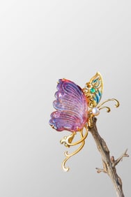 Exquisite 18K Gold Inlay Tourmaline & Pearl & Gem Butterfly Pendant