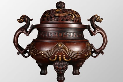 Vintage Chinese Gilt Gold Copper 3 Legs Dragon Head Double Ears Incense Burner