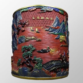 4 Kg Vintage Chinese Gilt Gold Colored Drawing Lacquerware Mountain River Scene Design Brush Pot