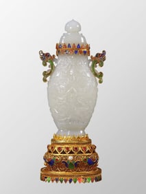 Exquisite Chinese Hetian Jade Double Ears Vase w Gold Wires Enamel Inlay Gem Base