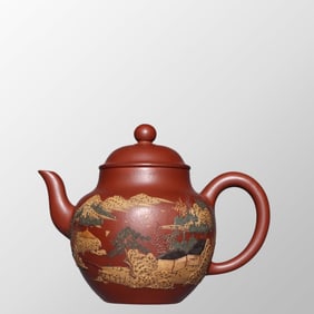 Chinese Yixing Zisha Clay Mountain River Scene Mountain River Scene Teapot w Artist Signed