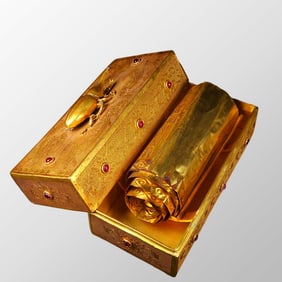 Vintage Chinese Gilt Gold Bronze Inlay Gem Buddhism Heart Sutra Book w Inlay Gem Box