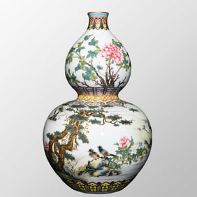 Chinese Qing Dynasty Gilt Edge Famille Flowers Bird Design Porcelain Gourd Vase