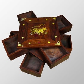 Chinese Natural Huali Wood Inlay Shell Fortune Lion Jewellery Box