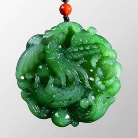 Chinese Natural Green Hetian Jade Carved Phoenix & Flower Pendant