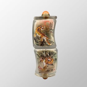 Old Chinese Peking Glass Inside Painting Tiger & Deer Design Snuff Bottle w Stopper