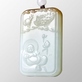 Superb Chinese Natural Hetian Jade Low Relief Laughing Buddha Pendant w Certificate
