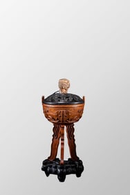 Chinese Boxwood Wood 3 Legs Double Ears Incense Burner w Zitan Wood Inlay Shoushan Stone Lid & Base