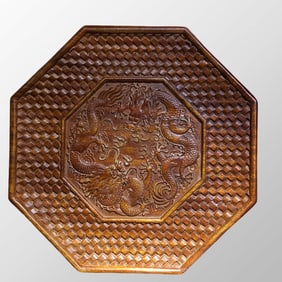 Old Chinese Huali Wood Low Relief Double Dragon Design Tea Tray