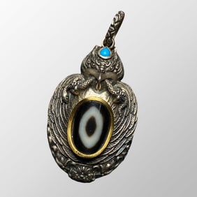 Tibetan Gilt Gold Silver Inlay Sky Eye DZI Agate Divine Bird Suparna Pendant