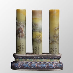 A Set Three Vintage Chinese Shoushan Stone Low Relief Pine Tree & Bamboo,Plum Flower Seal w Box