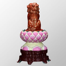 Gilt Gold Iron Red Glaze Famille Rose Fortune Lion Porcelain Incense Burner Lotus Flower Shape Base