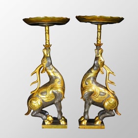 A Pair Vintage Chinese Gilt Gold Bronze Fortune Deer Candlestick