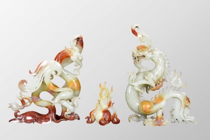 A Set Vintage Chinese Hetian Jade Carved Dragon Phoenix Statue