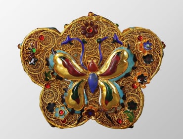 Exquisite Chinese Gold Wires Enamel Inlay Gem Butterfly Box