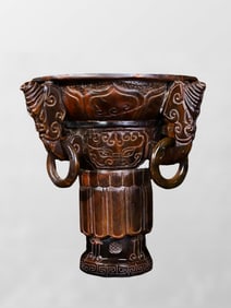 Vintage Ox Horn High Relief Beast Sacrifice Wine Cup