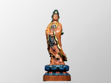 Chinese Colored Drawing Huali Wood Carved Kwan-yin Statue