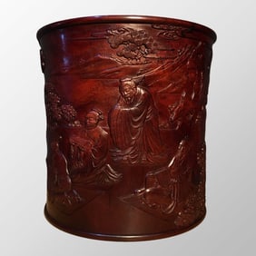 Superb Chinese Huali Wood Low Relief Sages Meeting Design Brush Pot