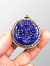Old Chinese Pure Silver Inlay Lapis Lazuli Kwan-yin Pendant