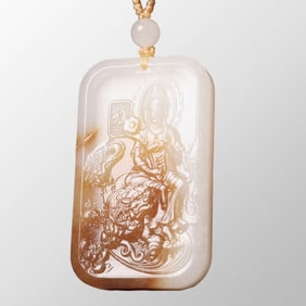 Chinese Natural Hetian Jade Carved Manjushri Bodhisattva Pendant w Certificate