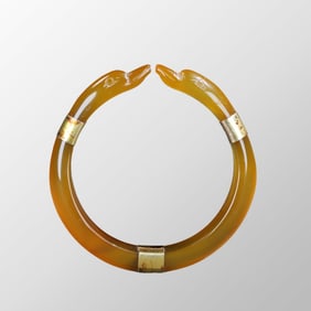 Old Chinese Gilt Gold Agate Inlay Gold Double Goose Bracelet