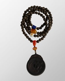 Chinese Chenxiang Wood Lotus Flower Pendant w Wood Lapis Lazuli & Beeswax Beads Necklace