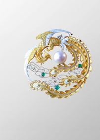 Exquisite Chinese Gilt Gold Silver Inlay Pearl & Gem Phoenix Pendant/Brooch