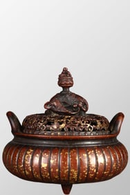 Chinese Gilt Gold Copper 3 Legs Double Ears Incense Burner