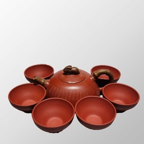 A Set Chinese Yixing Zisha Clay Teapot & Cups w Artist Signed