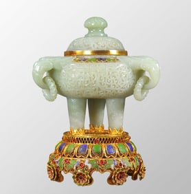 Exquisite Chinese Hetian Jade 3 Legs Incense Burner w Gold Wires Enamel Base