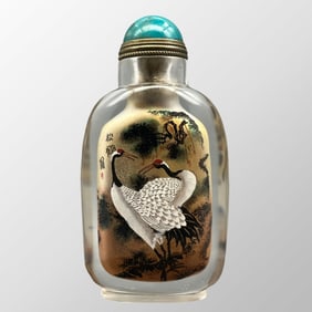 Old Chinese Peking Glass Inside Painting Pine Tree & Crane Design Snuff Bottle w Stopper