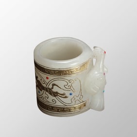 Superb Chinese Silver Plated Gilt Gold Hetian Jade Carved Fortune Beast Thumb Ring