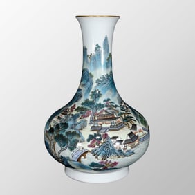 Chinese Gilt Edge Famille Rose Live In Remote Mountains Design Porcelain Vase