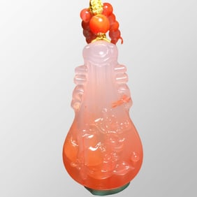 Chinese Natural Nanhong Agate Carved Flower Pendant w Beads Necklace